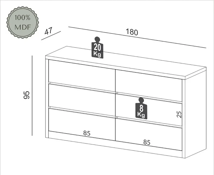 Comoda Mela 180CM 6 Cajones 100% MDF en Madera natural - Cómodas, Uruguay | Balton
