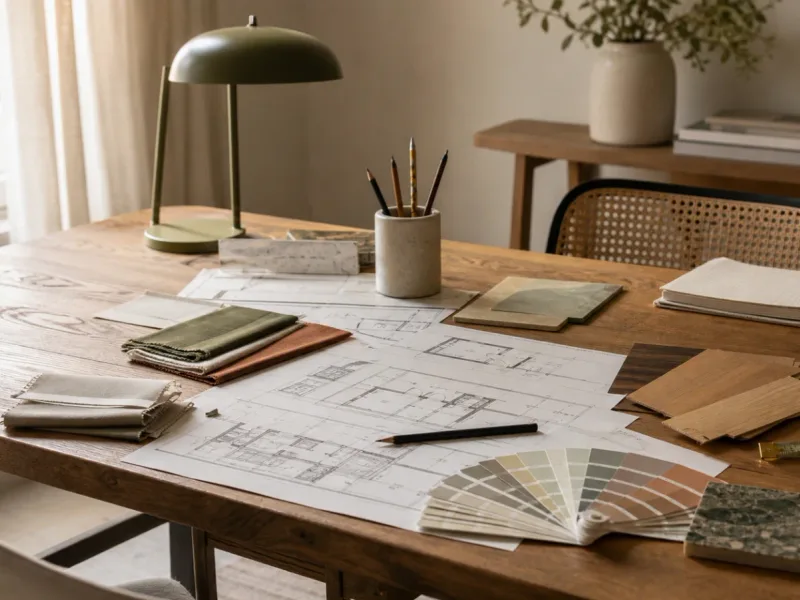 Mesa de estudio de diseño de interiores con planos, muestras de materiales y carta de colores
