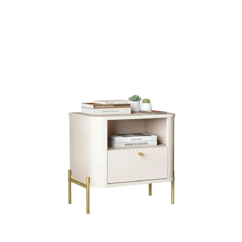 Mesa De Luz 1 Cajon 1 Estante Patas Metalicas en Off White / Dorado - Mesas de luz, Uruguay | Muebles Express