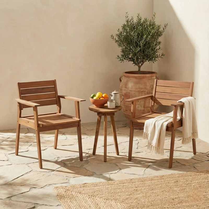 Set de Silla de Patio con Apoyabrazos en Teca Mesa Auxiliar en Marrón - Muebles para el exterior, Uruguay | Rústico Hogar, vista 3