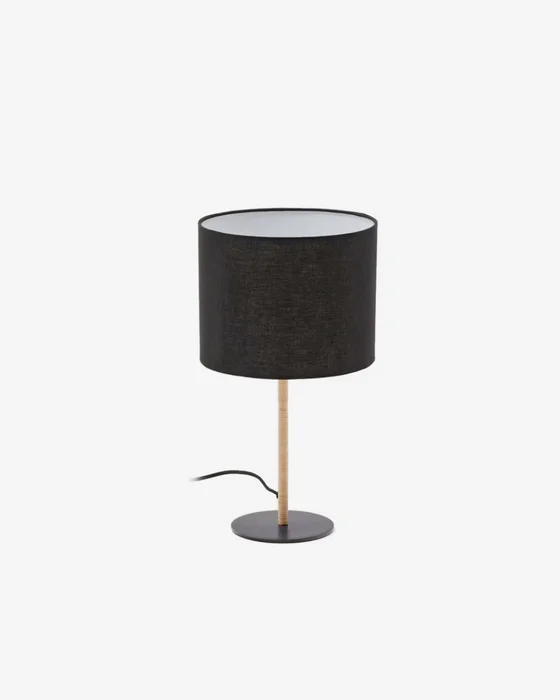 Lámpara de mesa Pina de metal y ratán con pantalla de algodón negro en Madera natural - Lámparas de mesa, Uruguay | Kavehome