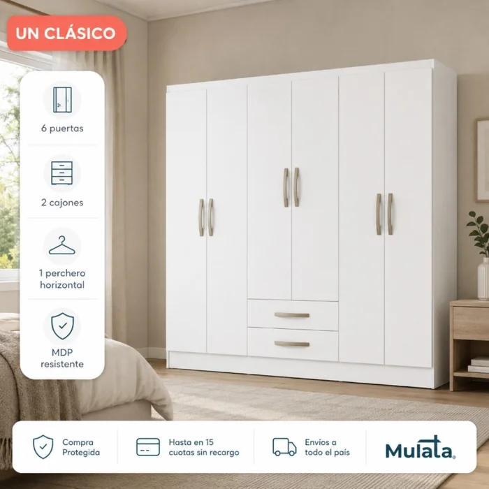 Armario Ropero Placard de 6 Puertas Línea Plus con 2 Cajones y Perchero Horizontal - MDP - Blanco en Blanco - Roperos y placares, Uruguay | Mulata, vista 2