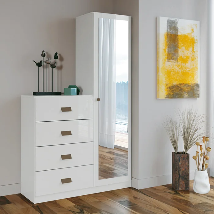 Comoda 4 Cajones 1 Puerta Con Espejo Cajonera Dormitorio Blanco en Blanco - Cómodas, Uruguay | Soy Hogar, vista 2