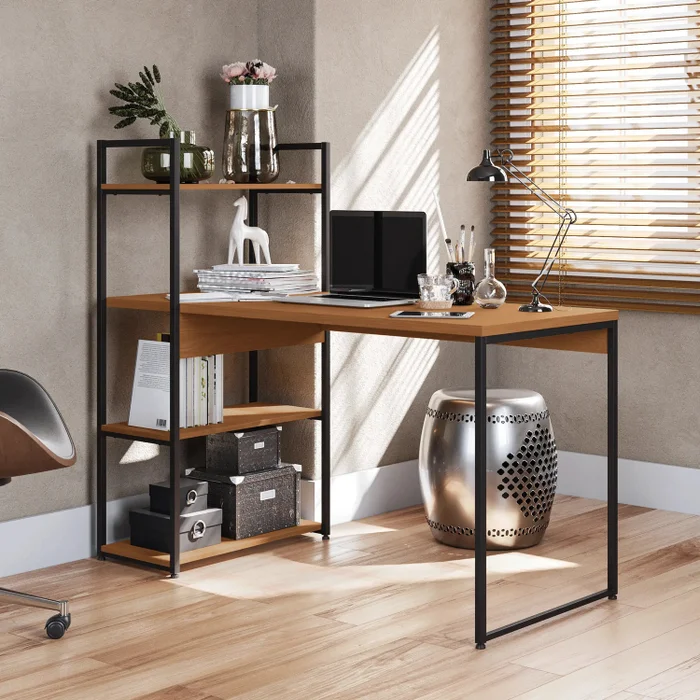 MESA DE ESCRITORIO CON ESTANTERIA LINEA INDUSTRIAL HIERRO en Madera natural - Bibliotecas, Uruguay | Balton, vista 8