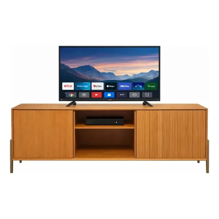 Rack de madera con 2 puertas, estantes y patas de metal. en Madera natural - Muebles para TV, Uruguay | Champagne Home, vista 3