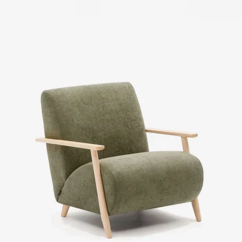 Butaca Meghan de chenilla verde y madera maciza de fresno con acabado natural en Verde - Butacas, banquetas y puffs, Uruguay | Kavehome