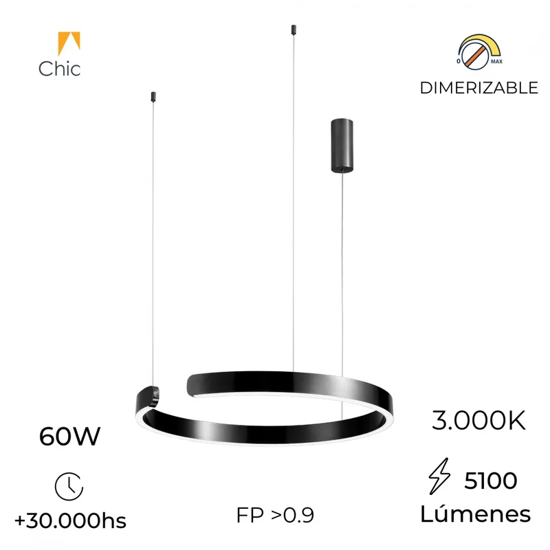 Luminaria de susp. Led circular con corte, 60W Dimerizable, 60cm en Negro - Lámparas colgantes, Uruguay | Iluminica, vista 3