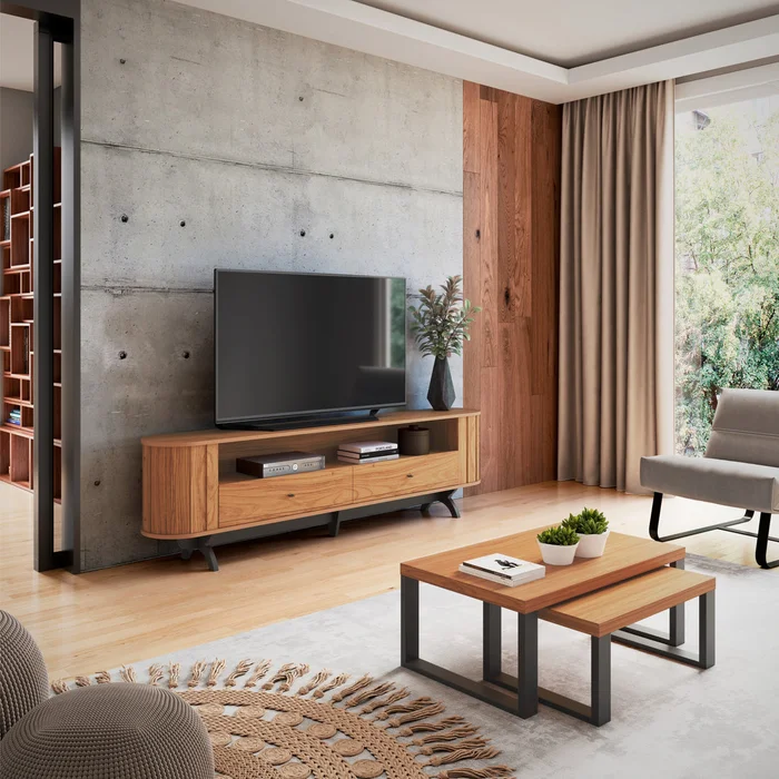Rack Prime Curvo 220cm 100% MDF - Balton Linea Factory en Madera natural - Muebles para TV, Uruguay | Balton