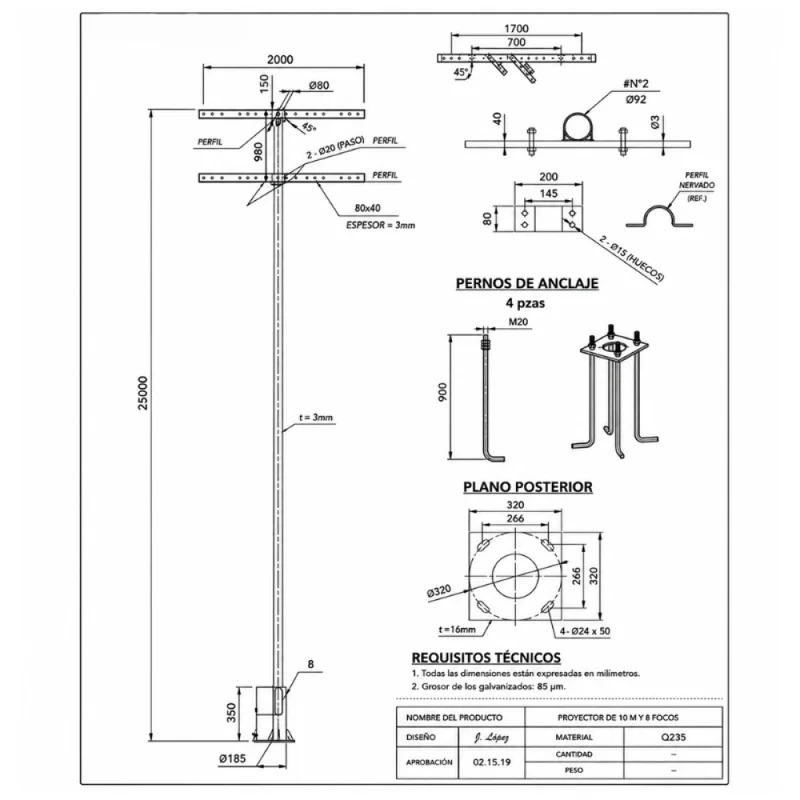 Columna Deportiva con Rack para 8 Focos 25mt en Gris - Lámparas de pie, Uruguay | Serlux, vista 3