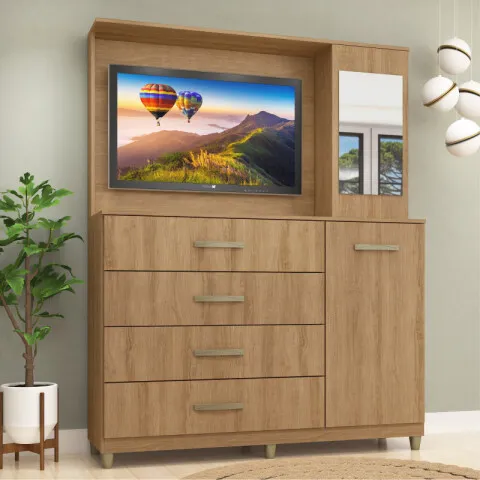 Comoda Cajonera Rack TV de 4 cajones 1 puerta 1 Botiquín con Espejo y Estantes para Dormitorio o Living - FE - Miel en Madera natural - Cómodas, Uruguay | Mulata