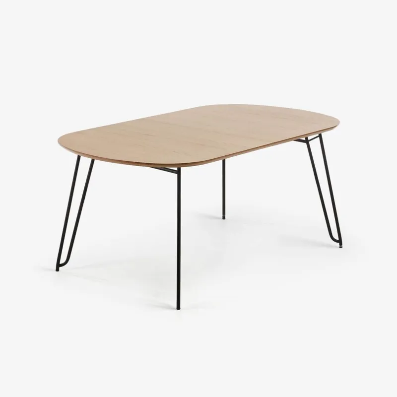 Mesa extensible Novac 170 (320) x 100 cm chapa de roble patas de acero acabado negro en Madera natural - Mesas de comedor, Uruguay | Kavehome