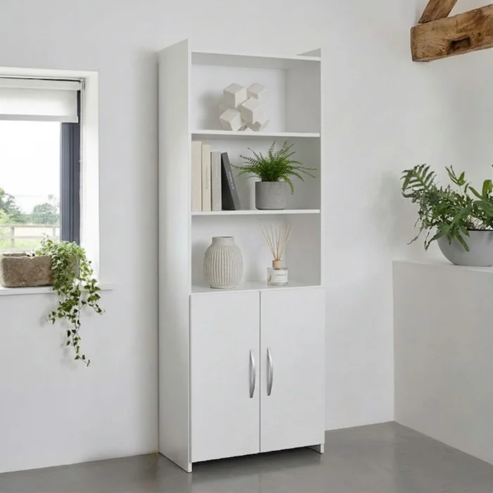Biblioteca con puertas - Blanco en Blanco - Bibliotecas, Uruguay | La Cueva Muebles