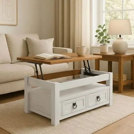 Mesa de Living Articulada Línea Naturale - Blanco/Roble en Multicolor - Mesas de living, Uruguay | La Cueva Muebles