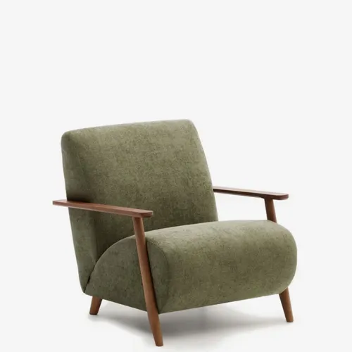 Butaca Meghan de chenilla - de chenilla verde y madera maciza de fresno con acabado nogal FSC Mix Credit en Verde - Butacas, banquetas y puffs, Uruguay | Kavehome