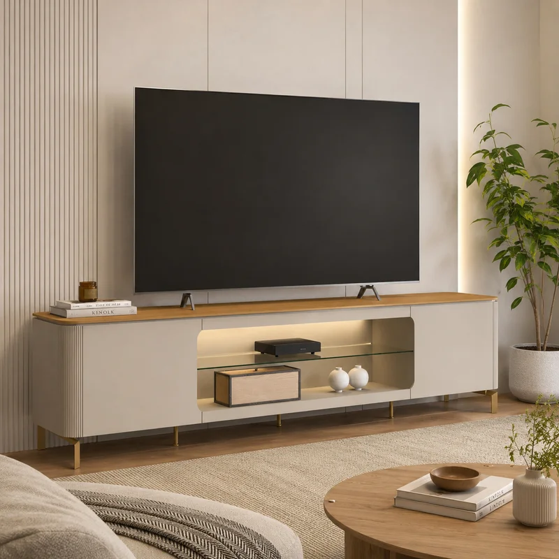 Rack para tv Santorini 240cm curvo con Led - Patas en metal en Blanco - Muebles para TV, Uruguay | Balton, vista 14
