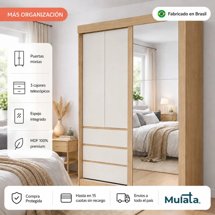 Ropero Armario Bagdá MDF 100% Premium Puertas Mixtas 2 Batientes y 1 Corrediza 3 Cajones y Espejo - Castaño Off White - Roperos y placares, Uruguay | Mulata, vista 2