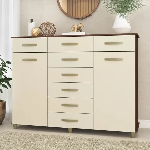 Comoda Cajonera de 8 cajones 2 puertas 1 perchero y 2 estantes internos para Dormitorio o Living - FE - Rustico / Champan en Beige - Cómodas, Uruguay | Mulata