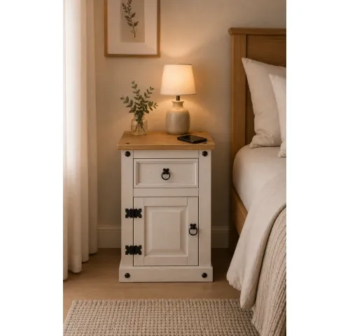 Mesa de Luz 1 P/1 C Cera/Blanco LINEA CORONA MADERA en Blanco - Mesas de luz, Uruguay | Que Sal Muebleria