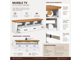 Rack para tv 3 cajones con nicho en Acabado: o Pintura UV Washed White (Blanco lavado) - Muebles para TV, Uruguay | Quesal, vista 8