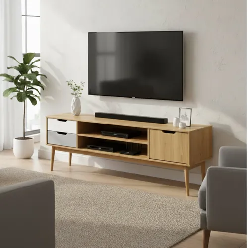 Rack para TV - Linea Nórdica - Roble/Gris claro/Blanco en Madera natural - Muebles para TV, Uruguay | Rústico Hogar