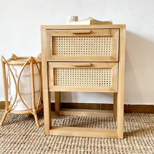 Mesa de luz doble cajón con esterilla natural en Madera natural - Mesas de luz, Uruguay | Decoramuss