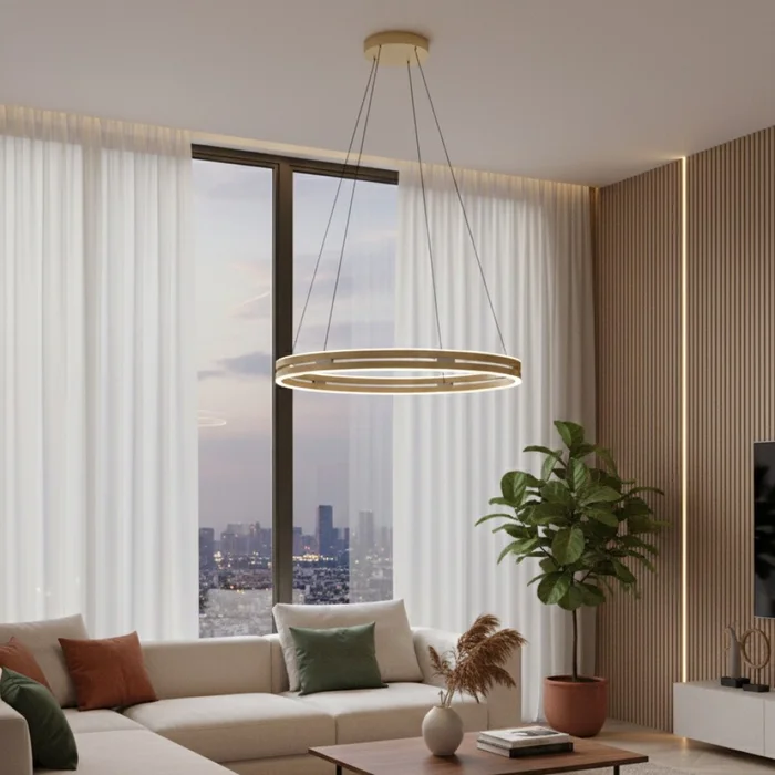 Colgante led anillo motorizado 44w 70cm a control remoto con varias funciones, Dorado. en Amarillo - Lámparas colgantes, Uruguay | Iluminica