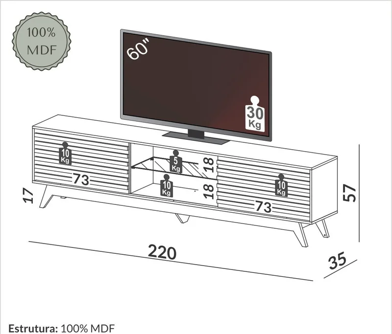 RACK BRISA 220CM - 100% MDF en Blanco - Muebles para TV, Uruguay | Balton, vista 3