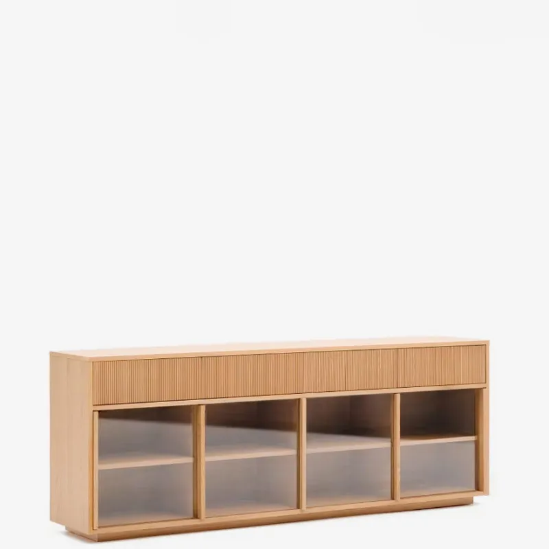 Aparador Helvine 4 puertas y 4 cajones chapa de roble y cristal templado 200x75cm FSC 100% en Marrón - Aparadores y recibidores, Uruguay | Kavehome