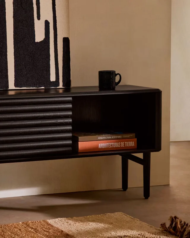 Mueble TV Lenon 200 x 57 cm de madera maciza y - chapa de roble negro en Negro - Muebles para TV, Uruguay | Kavehome, vista 3