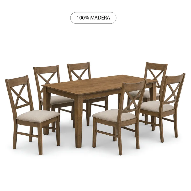 Juego De Comedor 6 Sillas Tapizadas Madera Maciza en Madera natural - Mesas de comedor, Uruguay | Soy Hogar