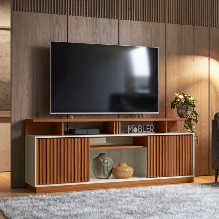 Rack Orlando - Miel y Off White en Blanco - Muebles para TV, Uruguay | NYR, vista 2