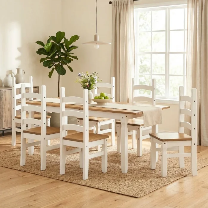 Juego de comedor Extensible 6 Sillas Mad Maciza 160 a 200 cm - Blanco en Blanco - Mesas de comedor, Uruguay | Rústico Hogar
