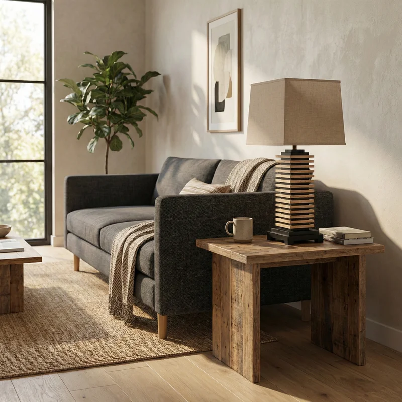 Lámpara de Mesa Tower Stack en Madera natural con base negra y pantalla tostada/beige - Lámparas de mesa, Uruguay | La Perla, vista 3