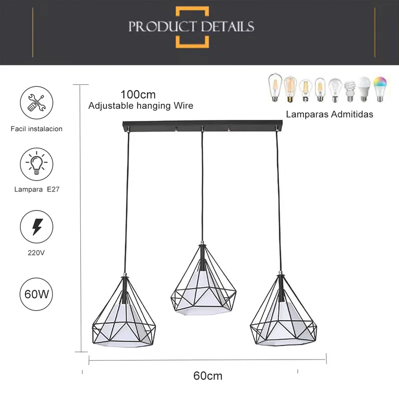 Luminaria colgante hierro triple en Negro - Lámparas colgantes, Uruguay | Decotech, vista 6