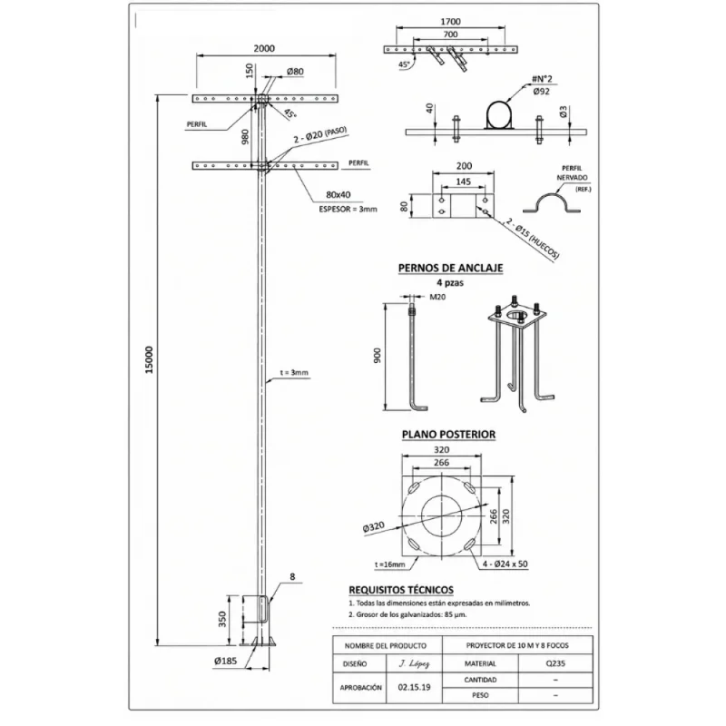 Columna Deportiva con Rack para 8 Focos 15mt en Gris - Lámparas de pie, Uruguay | Serlux, vista 3