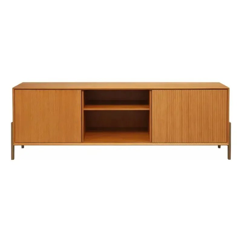 Rack de madera con 2 puertas, estantes y patas de metal. en Madera natural - Muebles para TV, Uruguay | Champagne Home