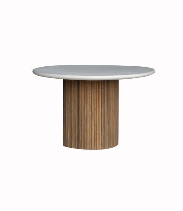 MESA LUCIANA COMEDOR ORGANICA CEMENTO Y TEKA RECICLADA en Multicolor - Mesas de comedor, Uruguay | Más Infinito Casa