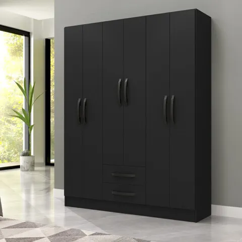 Ropero Armario 6 puertas 2 cajones con estantes y perchero interior natural 172X136X35 - Negro en Negro - Roperos y placares, Uruguay | Mulata