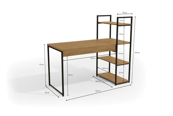 MESA DE ESCRITORIO CON ESTANTERIA LINEA INDUSTRIAL HIERRO en Madera natural - Bibliotecas, Uruguay | Balton, vista 4