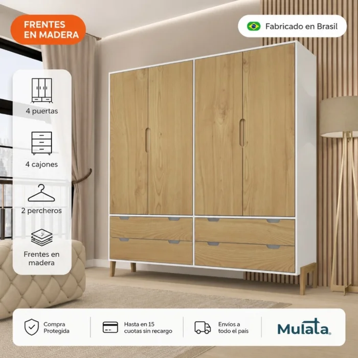 Ropero Armario de 4 Puertas, 2 Percheros y 4 Cajones en MDP - Madera - Línea Melilla - Blanco en Blanco - Roperos y placares, Uruguay | Mulata, vista 2