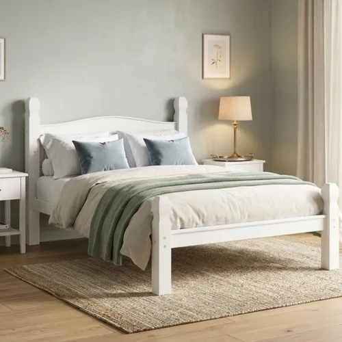 Cama 2 Plazas Madera Maciza - Linea Mexicana en Blanco - Dormitorio, Uruguay | Rústico Hogar