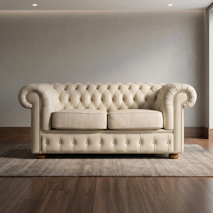 Sillón 100% Cuero - 2 Cuerpos - Chesterfield - Arena en Blanco - Sillones y sofás, Uruguay | Rústico Hogar