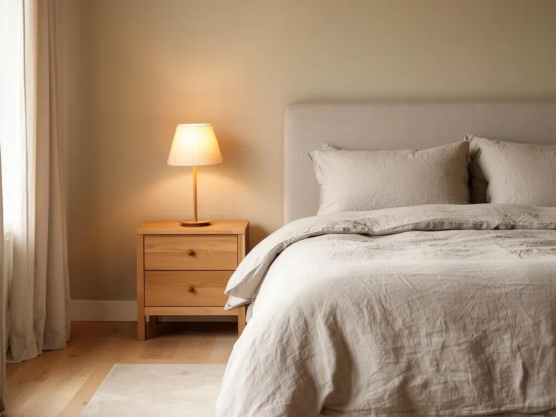 Dormitorio cálido con cómoda de madera y textiles neutros