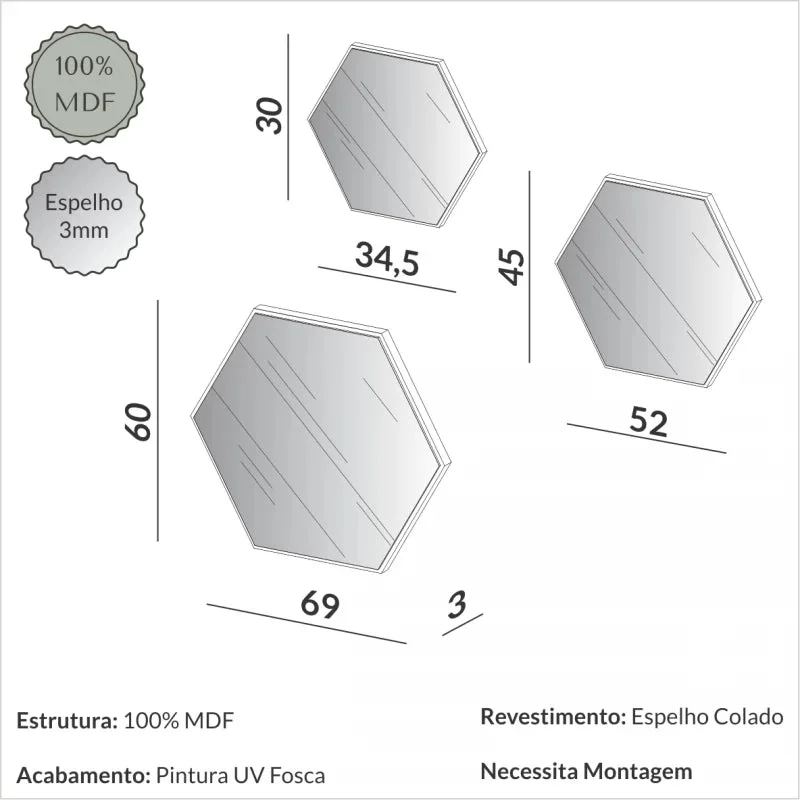 Kit de espejos decorativos hexagonales 60cm, 45cm y 30cm Bordes Blancos en Gris - Espejos, Uruguay | Balton, vista 4