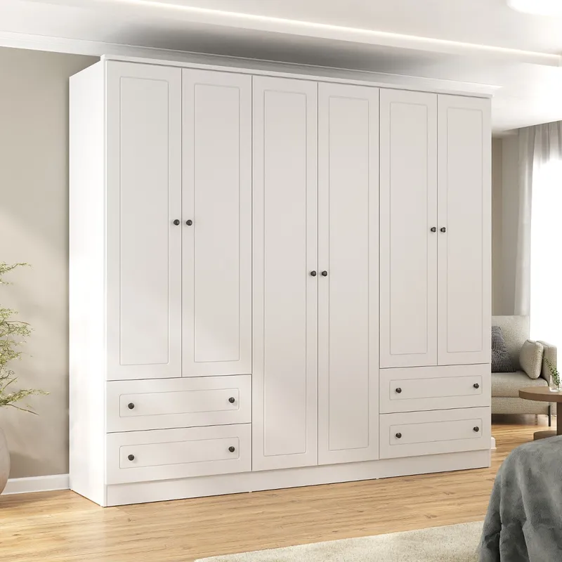 Ropero Americana PLUS 6 puertas 4 cajones - 100% MDF - Blanco en Blanco - Roperos y placares, Uruguay | Rústico Hogar
