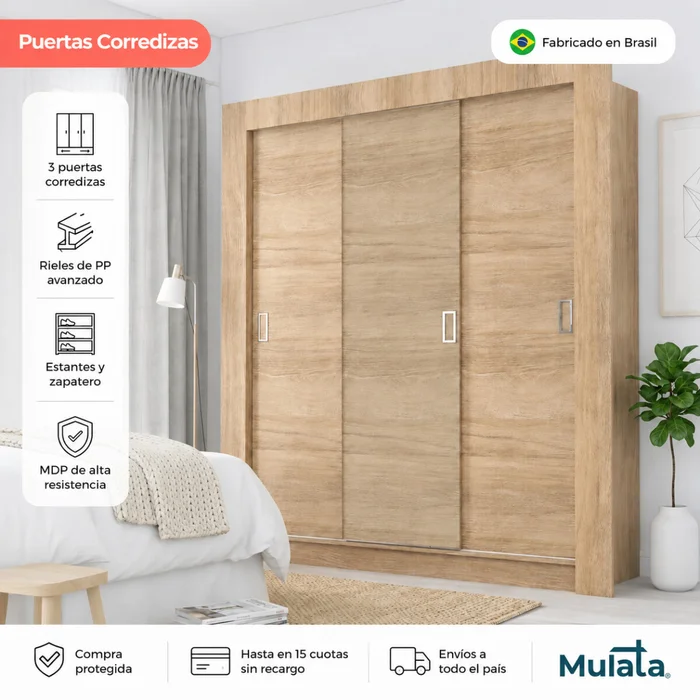 Ropero 3 Puertas Corredizas con Rieles Metálicos, Estantes y Zapatero – 205x170x47 cm - Carvalho - Roperos y placares, Uruguay | Mulata, vista 2