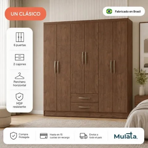 Armario Ropero Placard de 6 Puertas Línea Plus con 2 Cajones y Perchero Horizontal - MDP - Dakar - Roperos y placares, Uruguay | Mulata