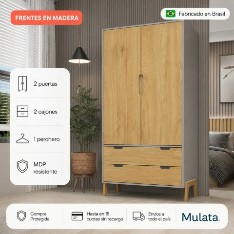 Ropero Armario de 2 Puertas, Perchero y 2 Cajones en MDP - Madera - Línea Melilla - Cinza en Gris - Roperos y placares, Uruguay | Mulata