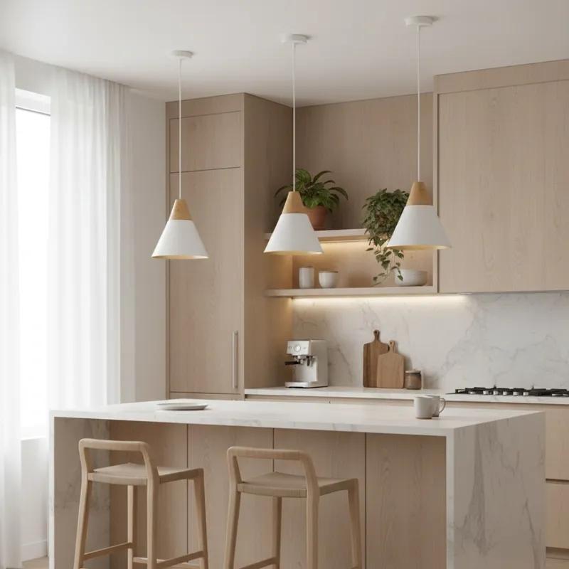 Campana de aluminio y madera cónica estilo nórdico - Blanca en Blanco - Lámparas colgantes, Uruguay | Iluminica